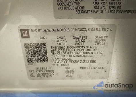 2021 Chevrolet Silverado 1500 4Wd Short Bed Lt Trail Boss из США, поврежденный, VIN 3GCPYFED2MG212860